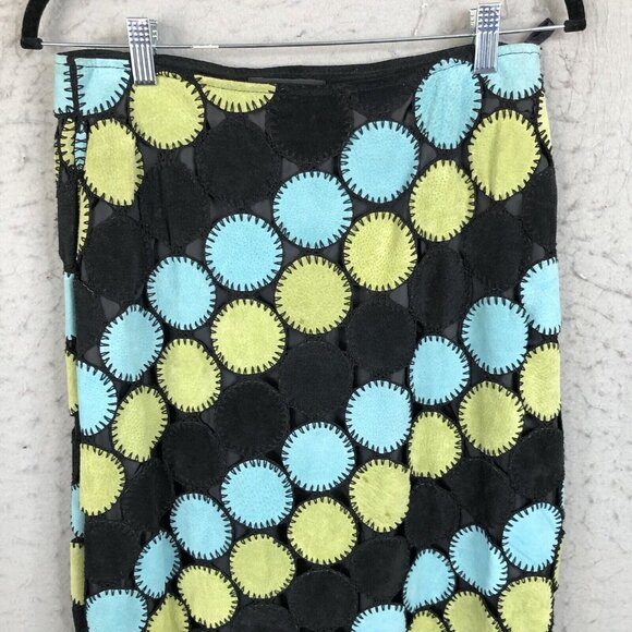 Metrostyle Maxi Skirt Womens 10 Black Blue Leather Circle Patches Mod Groovy - Picture 2 of 16